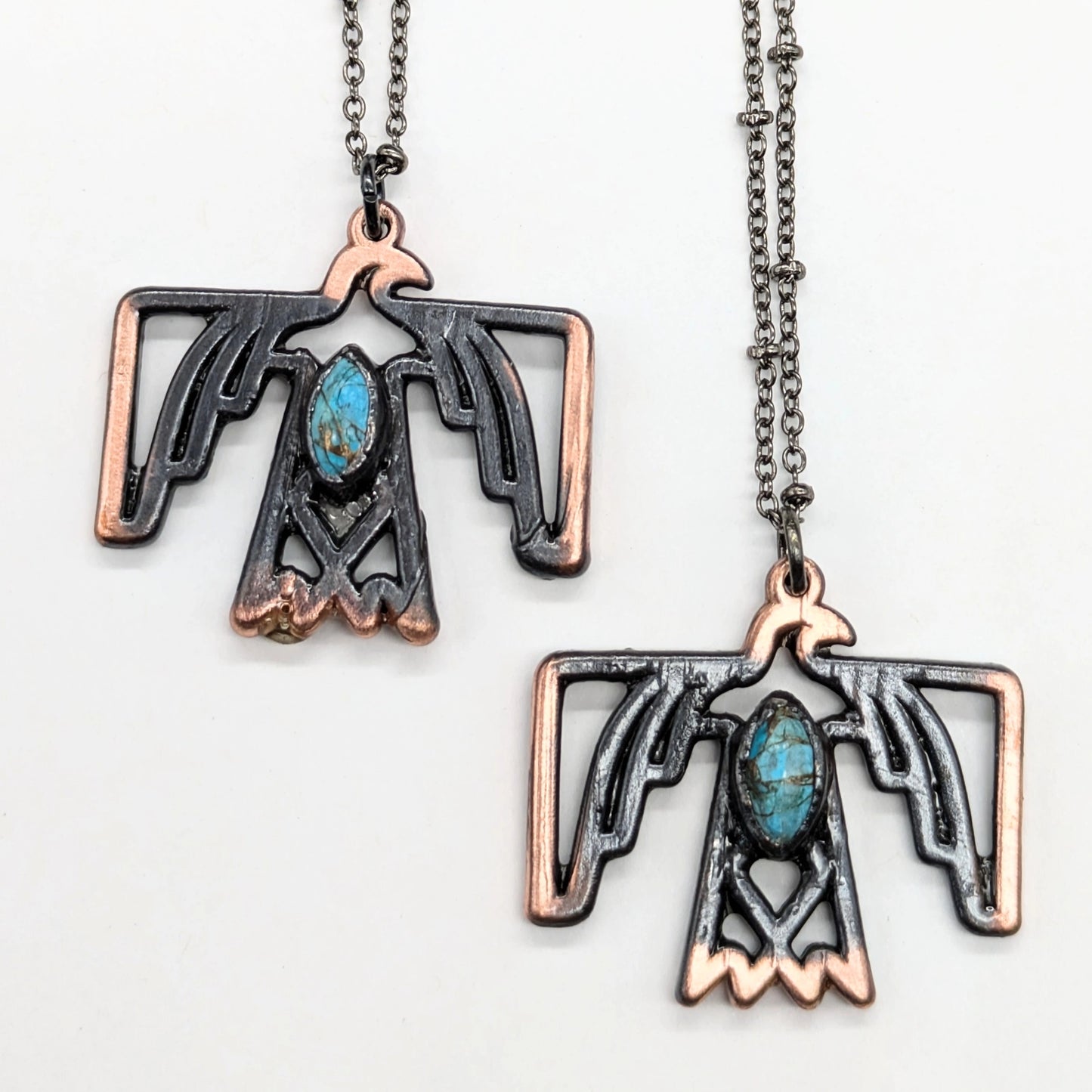 Gunmetal Thunderbird with Turquoise Pendant Necklace