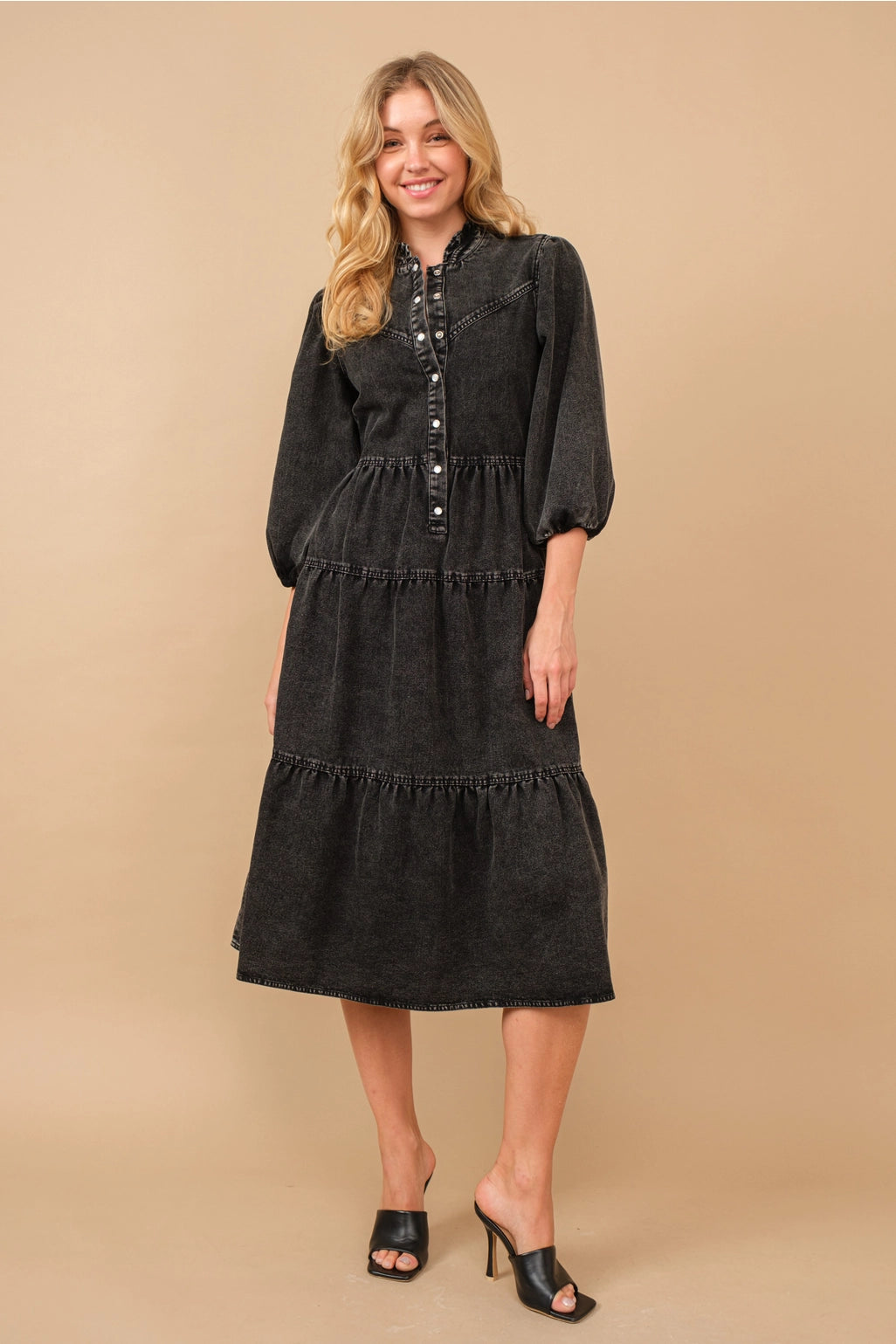 Garment Washed Chevron Yoke Midi Denim Dress Black