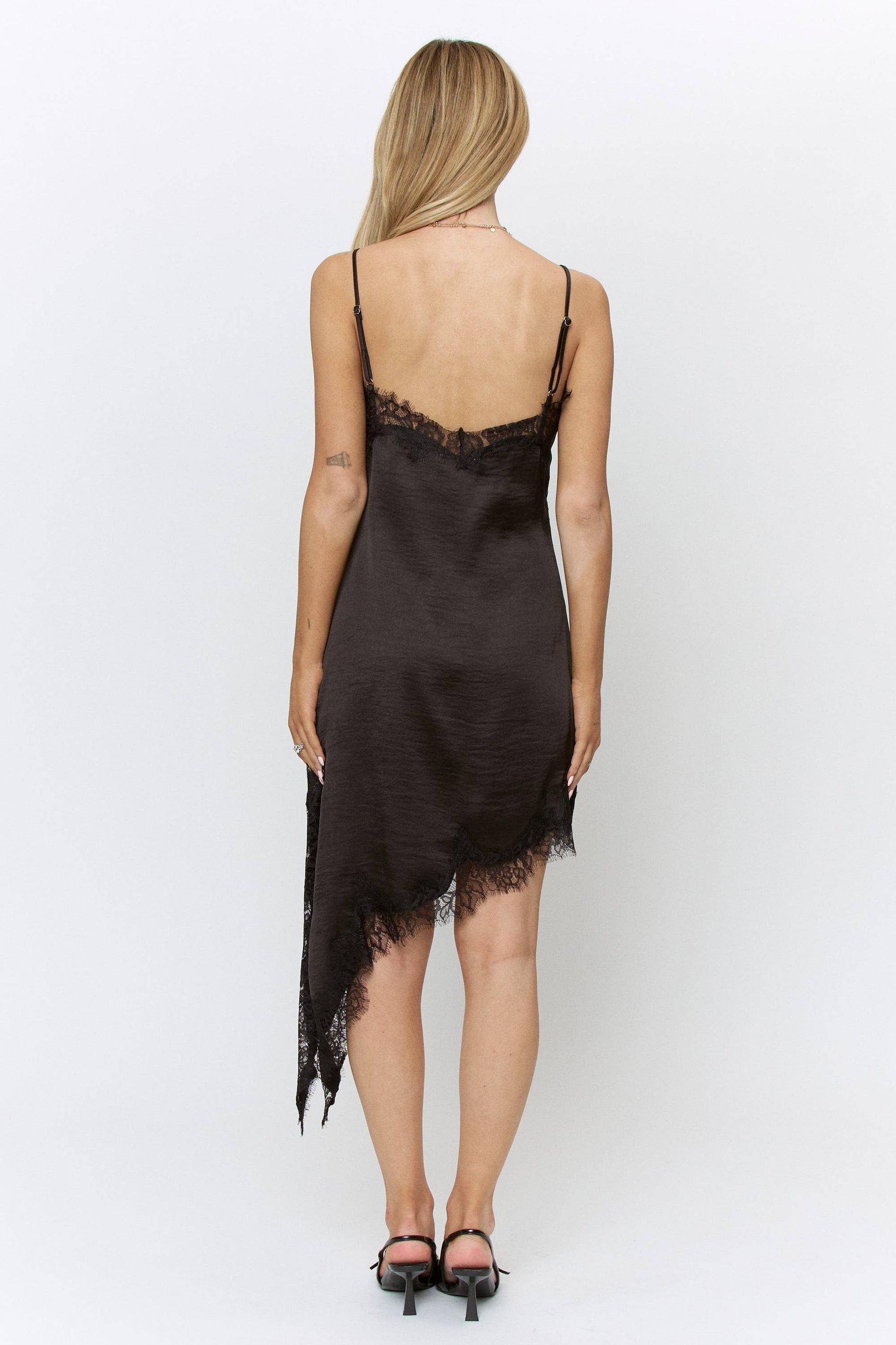 Lace Trim Asymmetrical Hem Satin Midi Dress in Black S