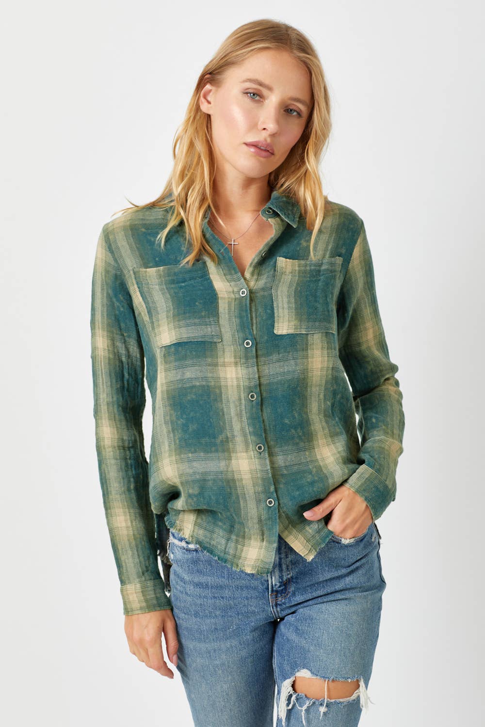 Fringe Bottom Washed Plaid Shirt