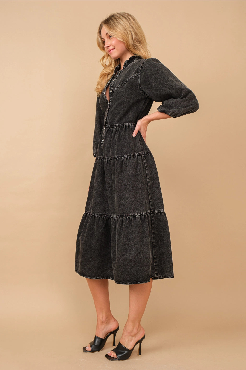 Garment Washed Chevron Yoke Midi Denim Dress Black