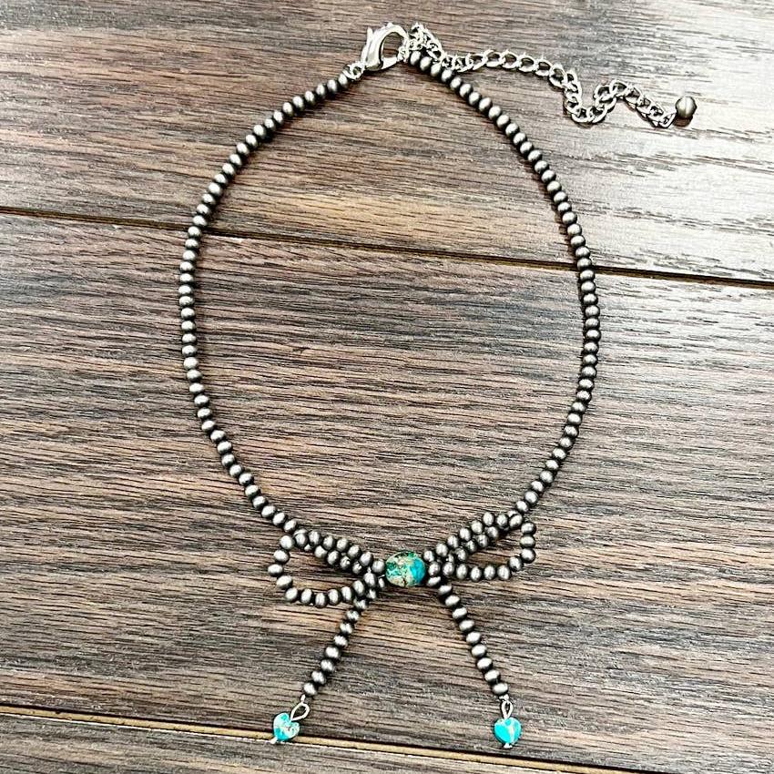 Handmade Silver Pearl Turquoise Gemstone Bow Necklace