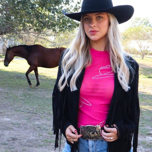 Deluxe Rhinestone Fringe Vegan Suede Jacket in Black - Bourbon Cowgirl