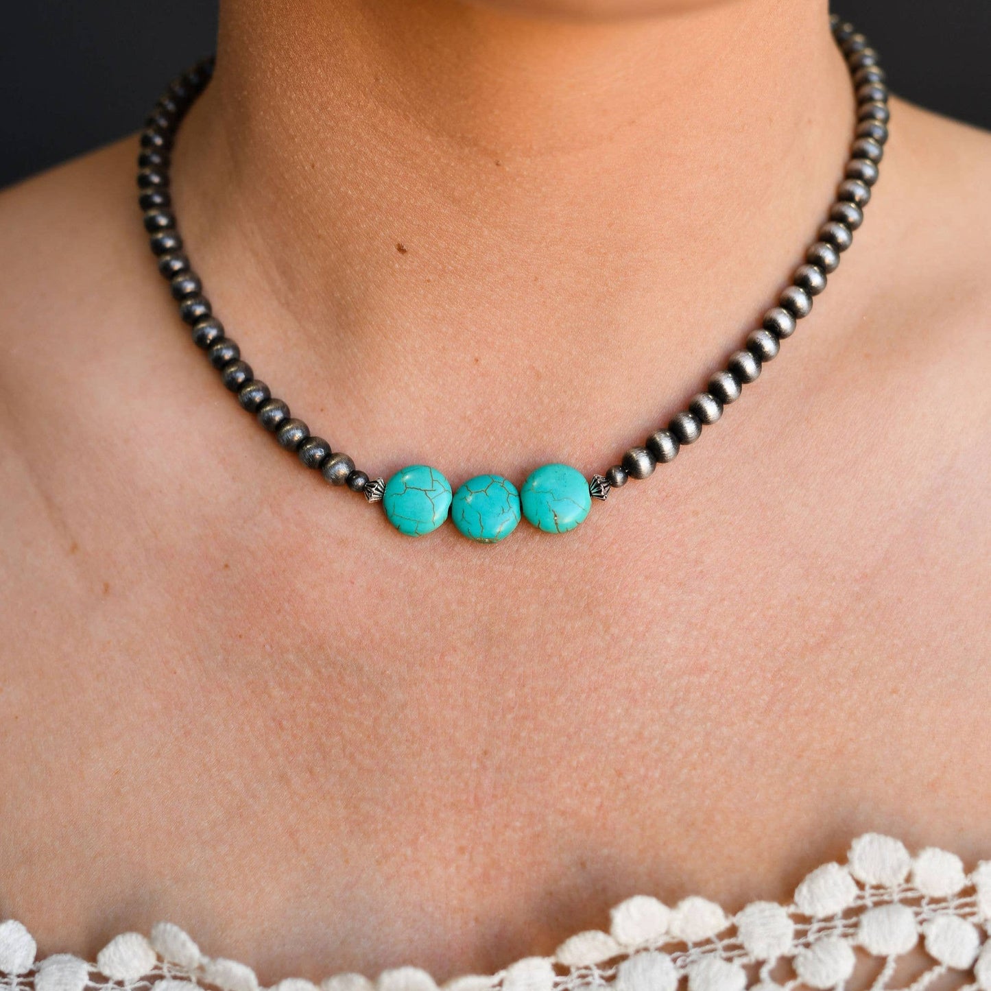 Silver Pearl Necklace With Round Turquoise Beaded