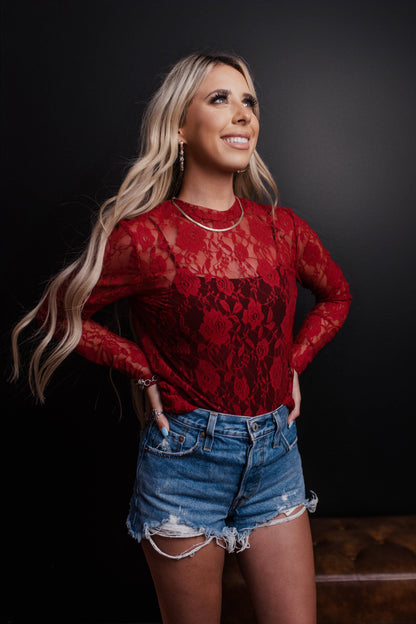 Red Roses Lace Mesh Top at Bourbon Cowgirl