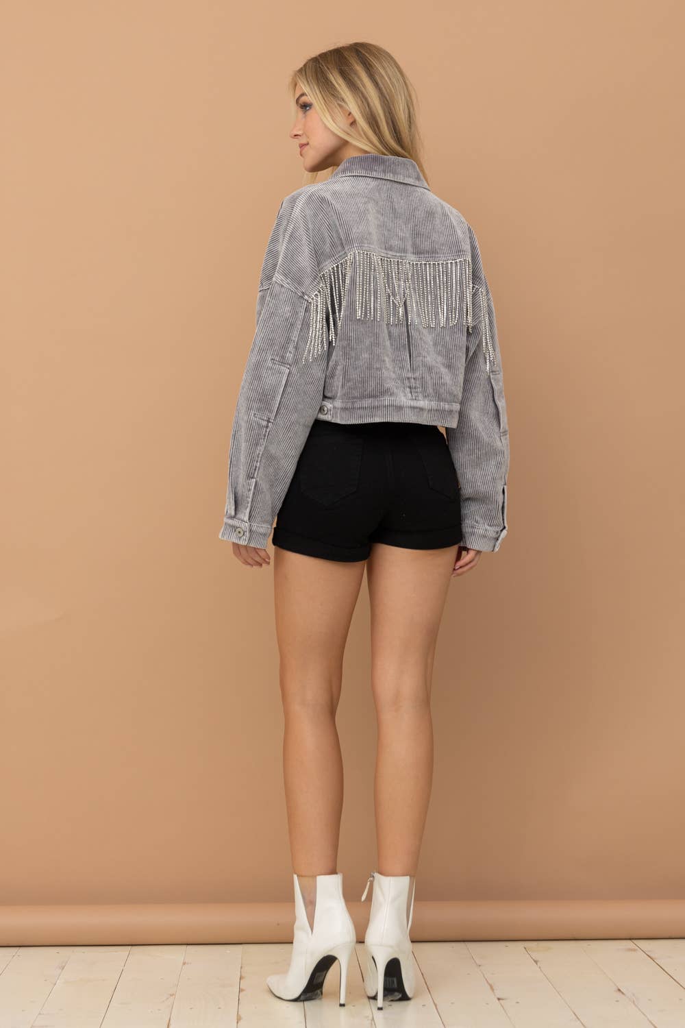 Washed Gray Corduroy Oversized Rhinestone Fringe Jacket