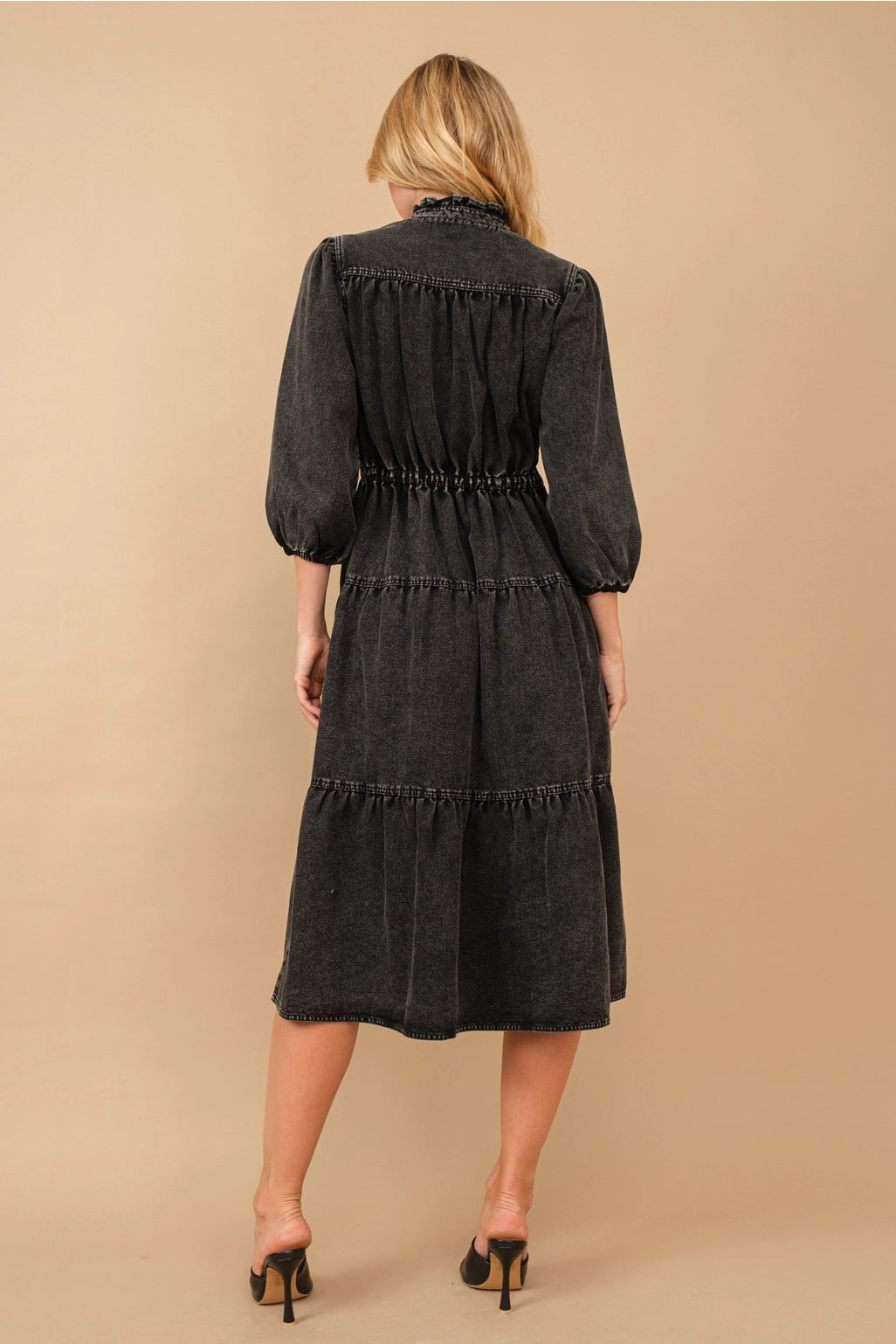 Garment Washed Chevron Yoke Midi Denim Dress Black