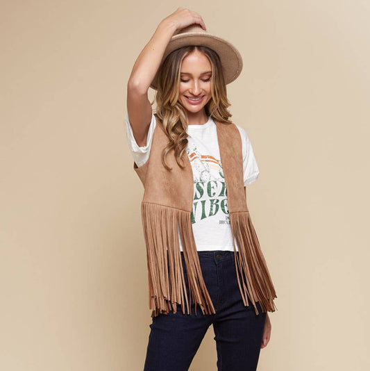 Tan Faux Suede Western Fringe Vest for Cowgirls