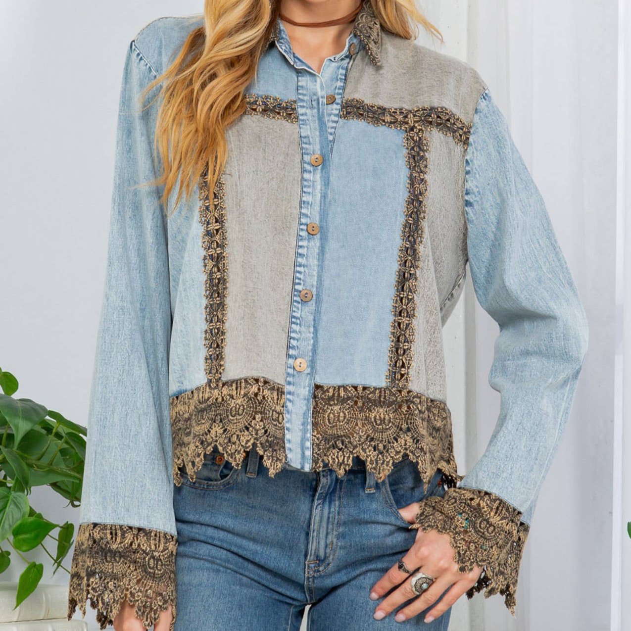 Sunset Serenade: Ice-Washed Denim Jacket With Gravel Lace