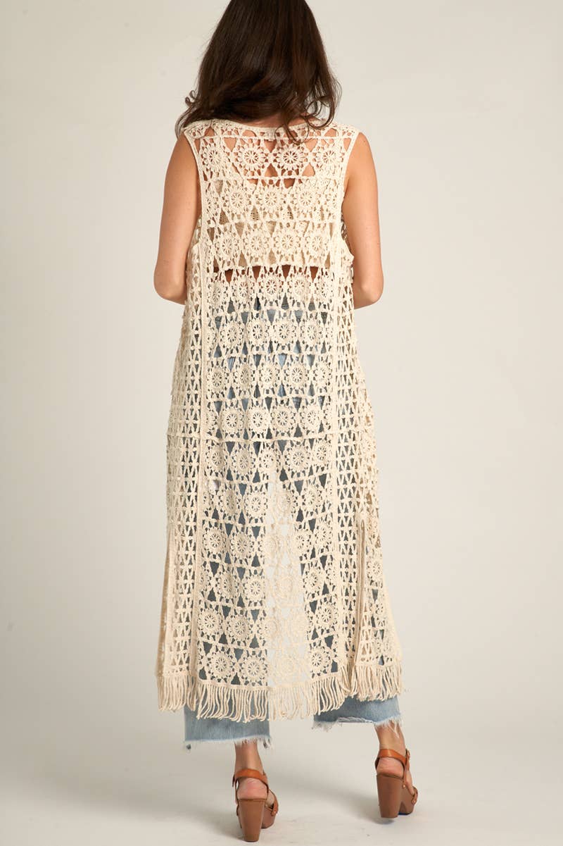 Crochet Open Front Tie Tassel Maxi Cardigan