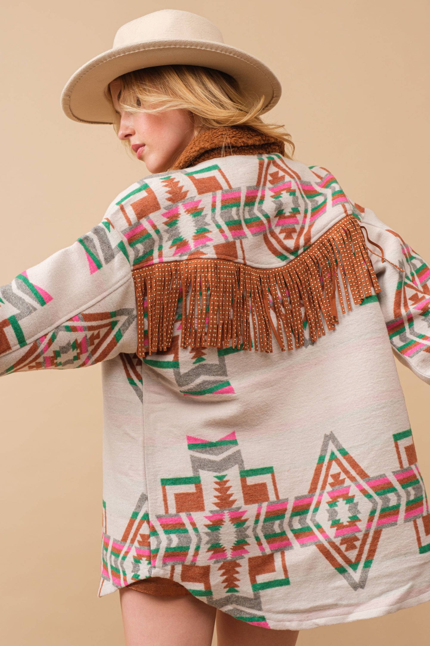 Jacquard Western Shirt Jacket with Aztec Style Pattern