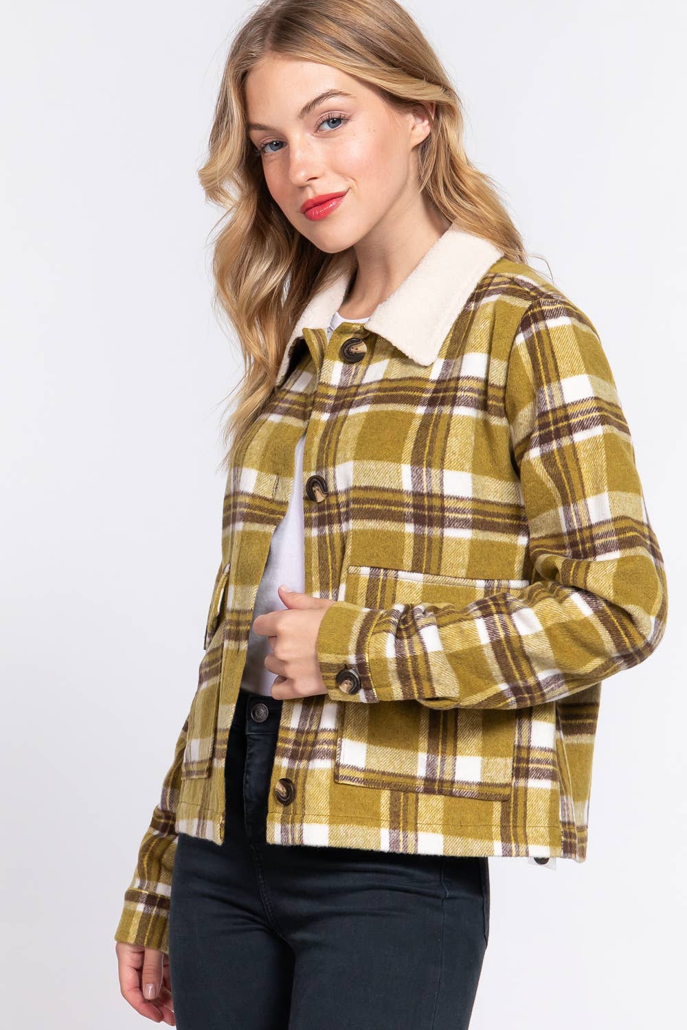 Faux Fur Collar Olive Plaid Shacket