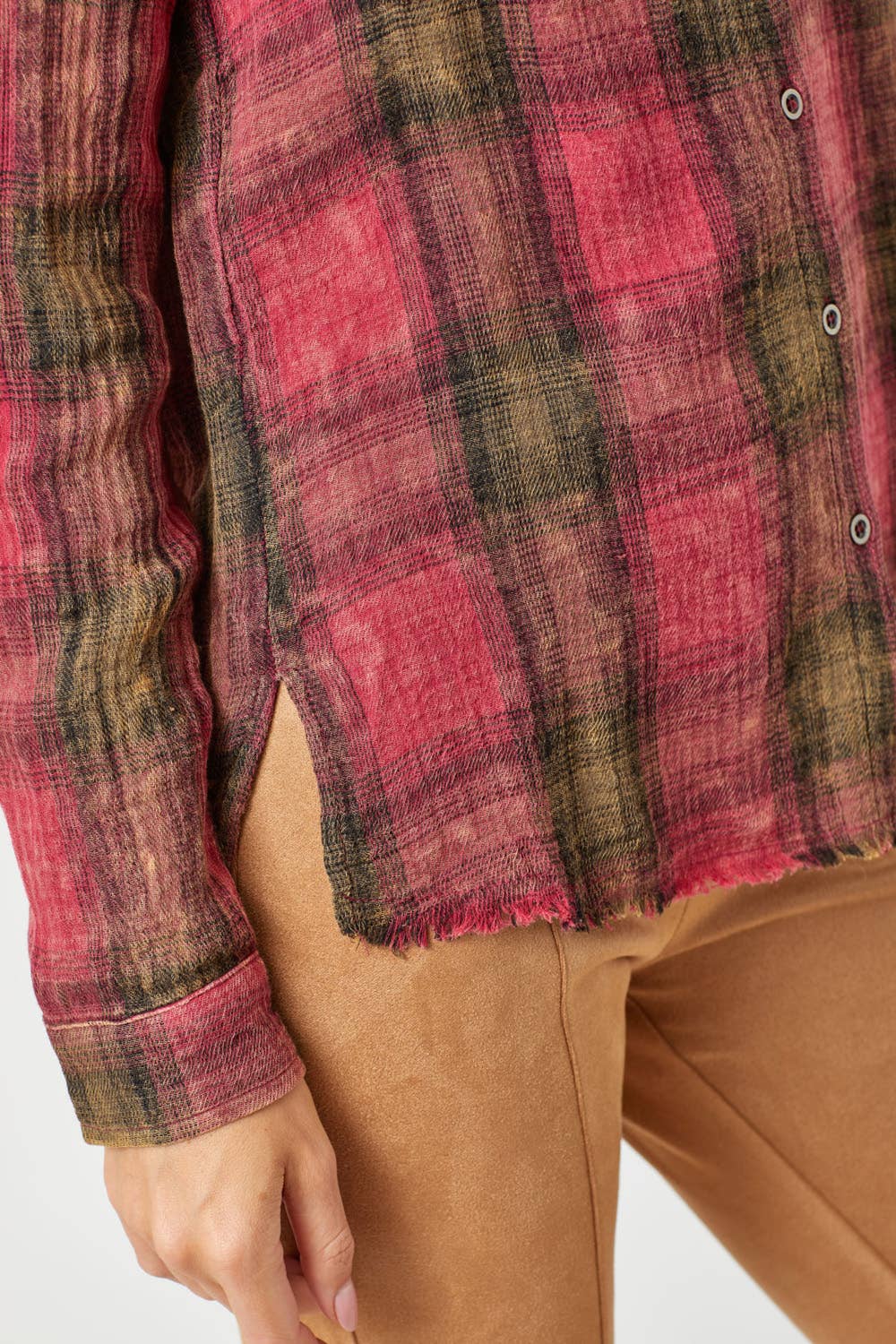 Fringe Bottom Washed Plaid Shirt