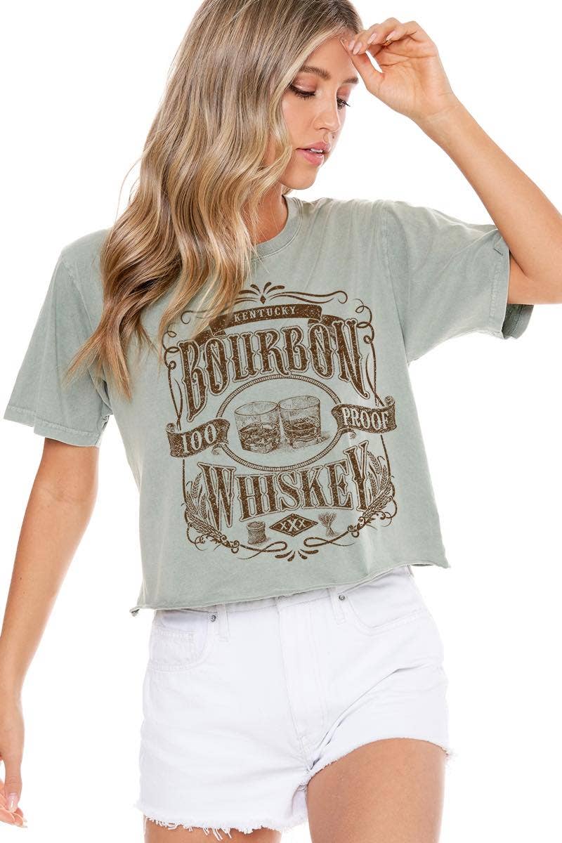 Bourbon Whiskey 100 Proof Graphic T-shirt Washed Faux Crop Tee