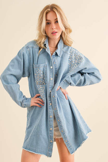 Rhinestone Gem Oversized Denim Tunic Shirt at Bourbon Cowgirl