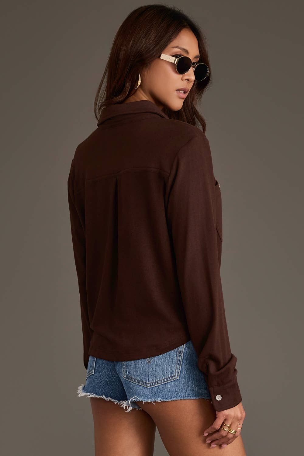 Dark Brown Cropped Button Up Shirt