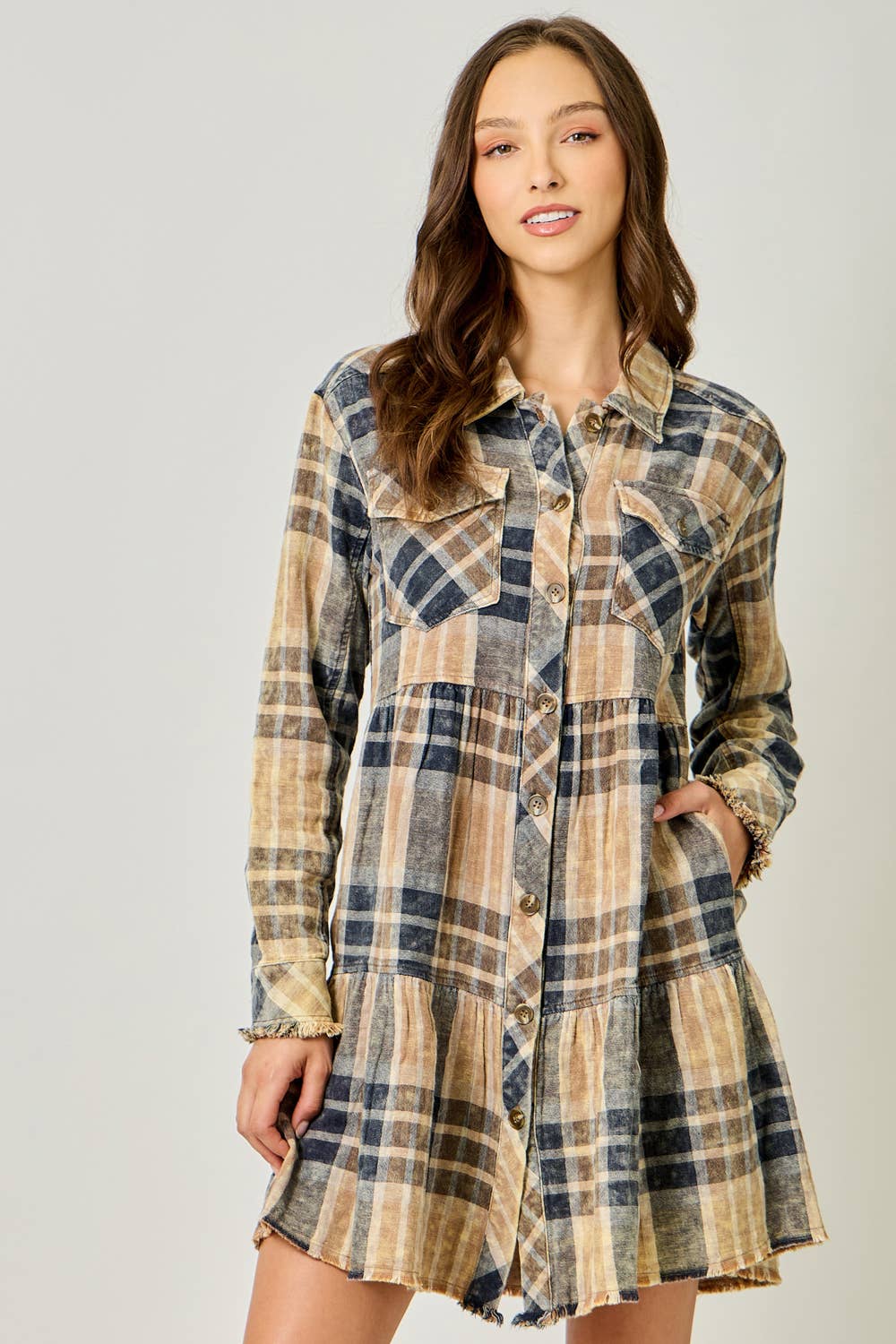 Acid Washed Tiered Coat Dress