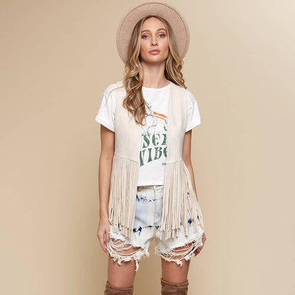 Cream Western Style Faux Suede Vest for Cowgirls