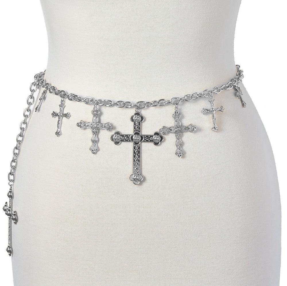 Silver Cross Pendant Chain Belt with Rhinestones - Western Belts for Cowgirls