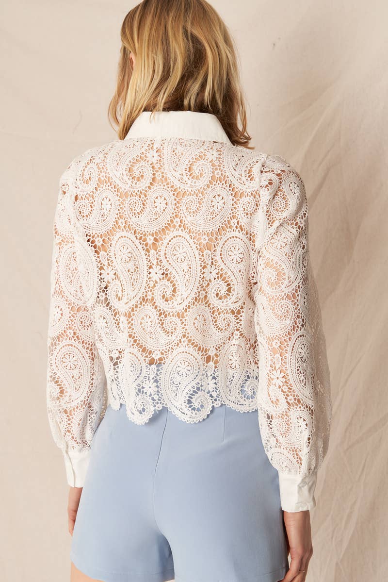 Long Sleeve Paisley Lace Button Down Top