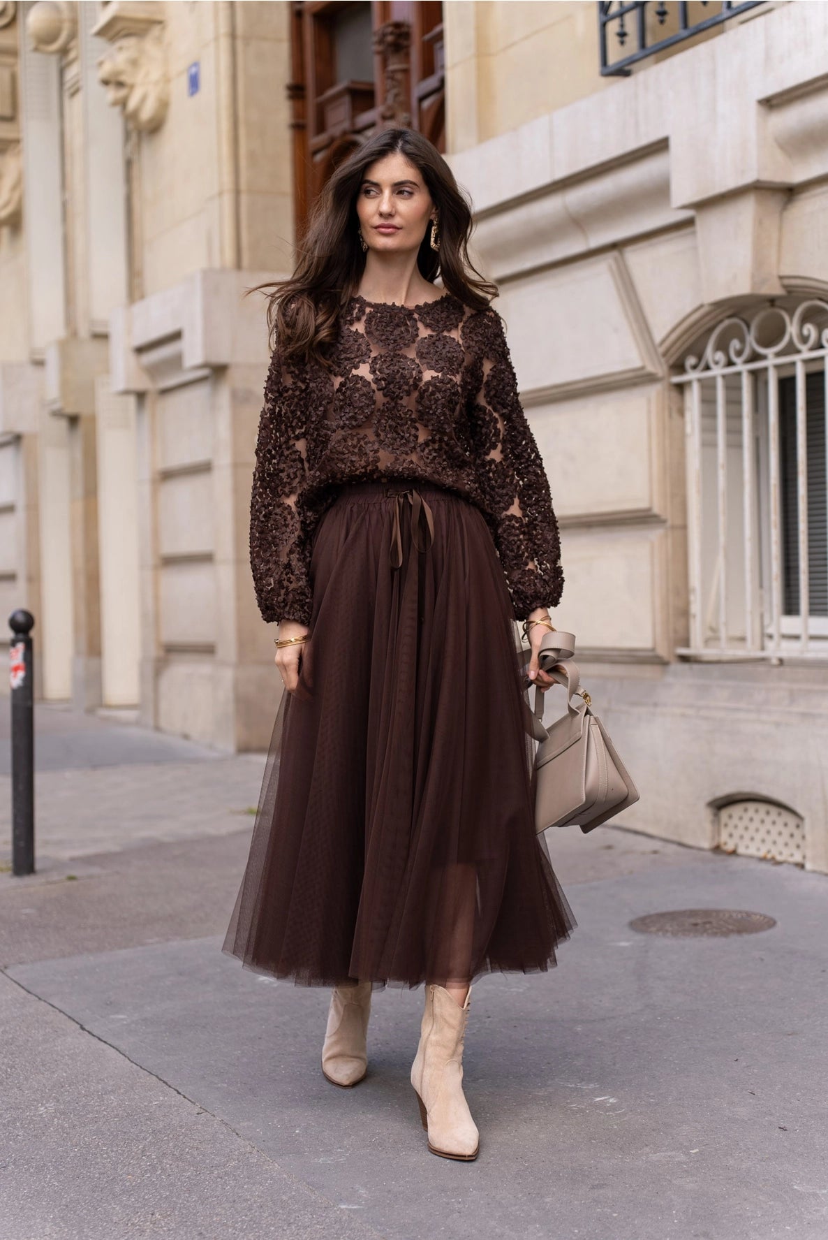 Aria Long Brown Tulle Maxi Skirt