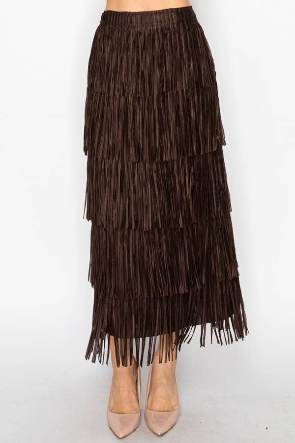 Layered Fringe Tiered Brown Maxi Skirt