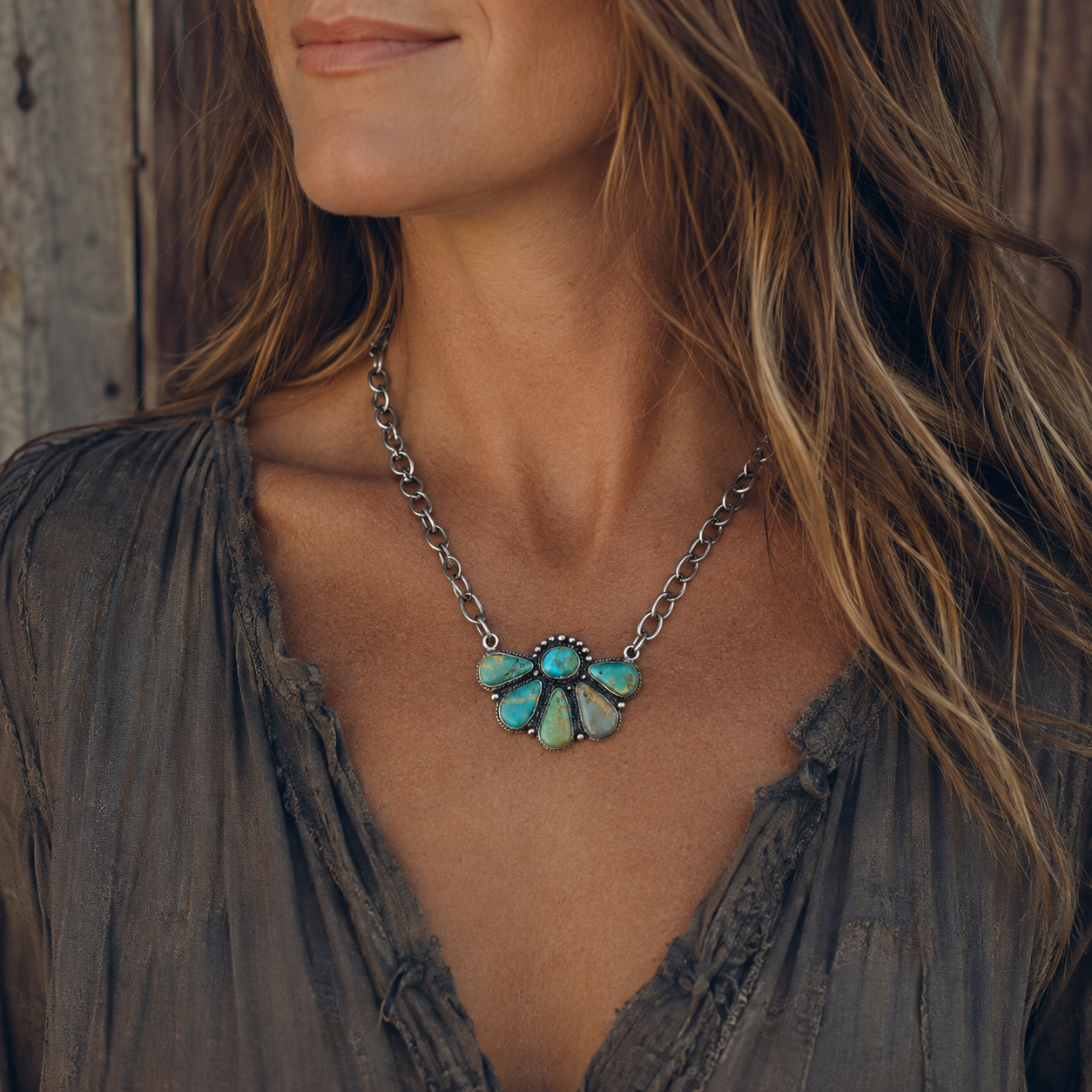 Genuine Turquoise Tibetan Pendant Half Burst Necklace