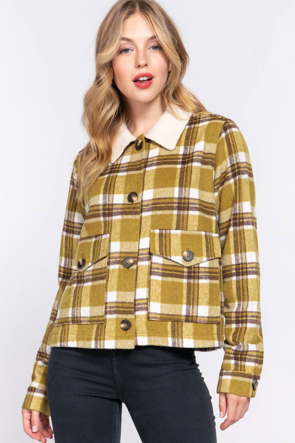 Faux Fur Collar Olive Plaid Shacket