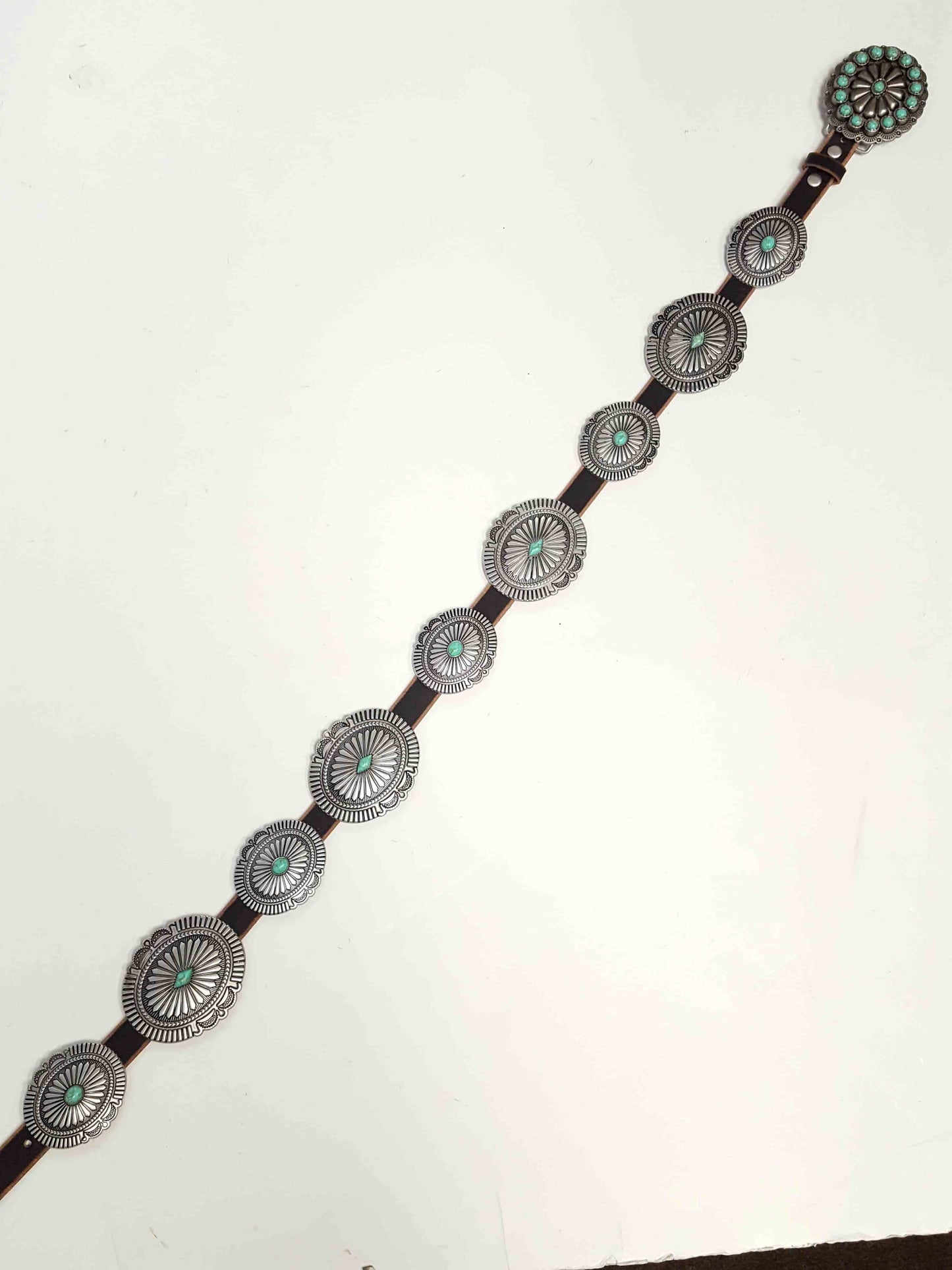 Genuine Distressed Leather belt w. full-packed oval conchos