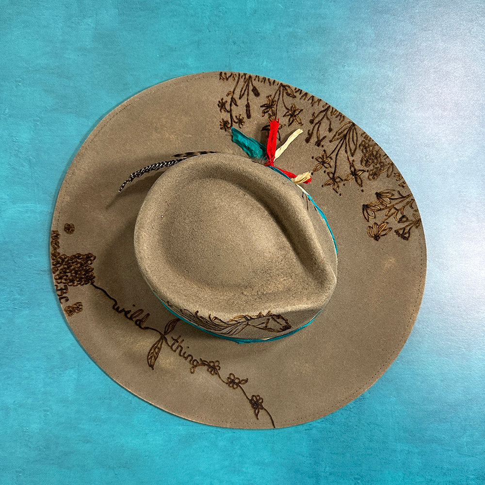 Wild Flowers & Horses Cowboy Hat Custom Burned - Gray - Bourbon Cowgirl