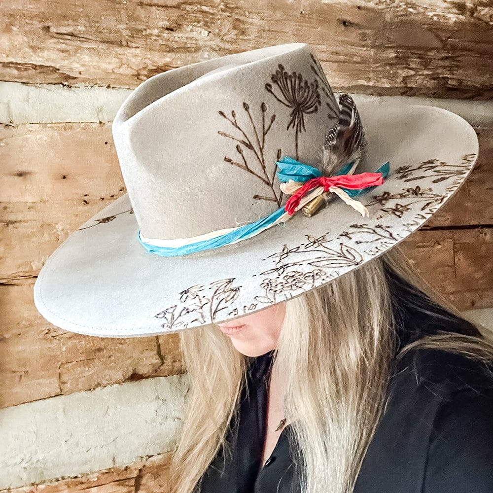 Custom Burned Gray Cowboy Hat with Velcro Band