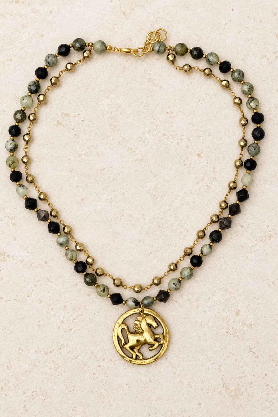 Green Gemstone Necklace with Gold Horse Medallion by Michele Busch