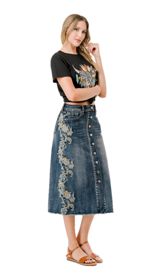 Lace Embroidery Stretch Denim Skirt at Bourbon Cowgirl