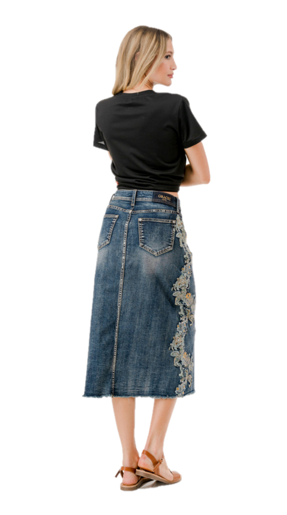 Lace Embroidery Stretch Denim Skirt at Bourbon Cowgirl