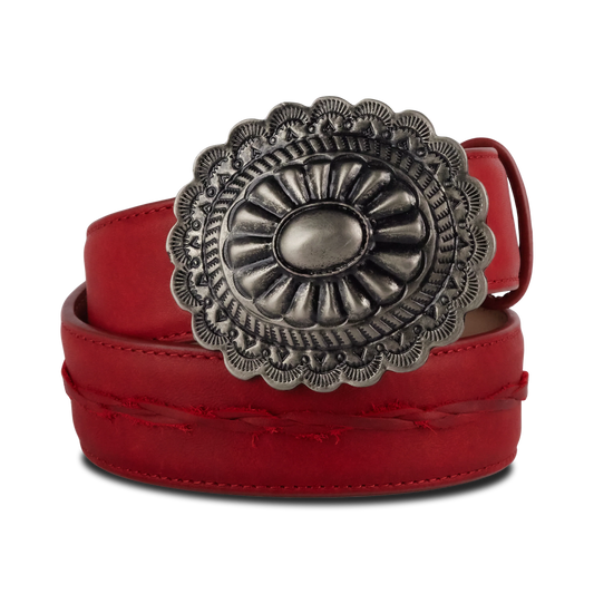 Red woven belt with silver buckle