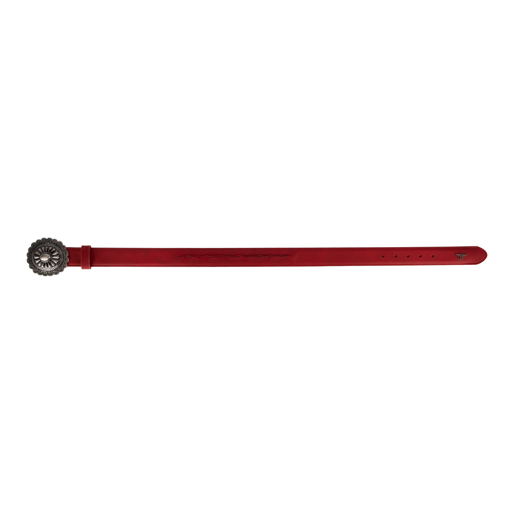 Woven belt with turquoise buckle and smoldering ruby red leather