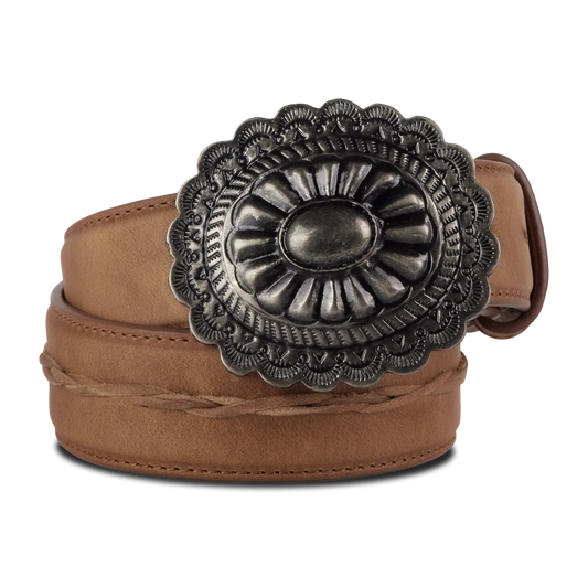 Woven belt with turquoise buckle in desert clay color