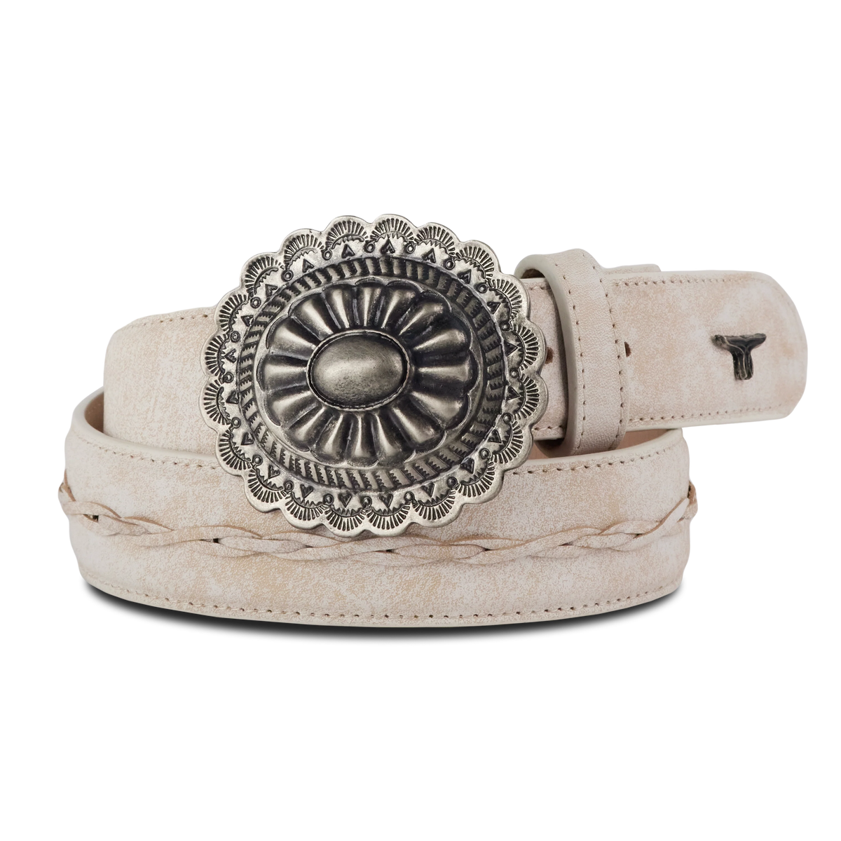White crackle leather belt with buckle! Brand new! Leather Belt Round Buckle with Woven Laced Design main image 2