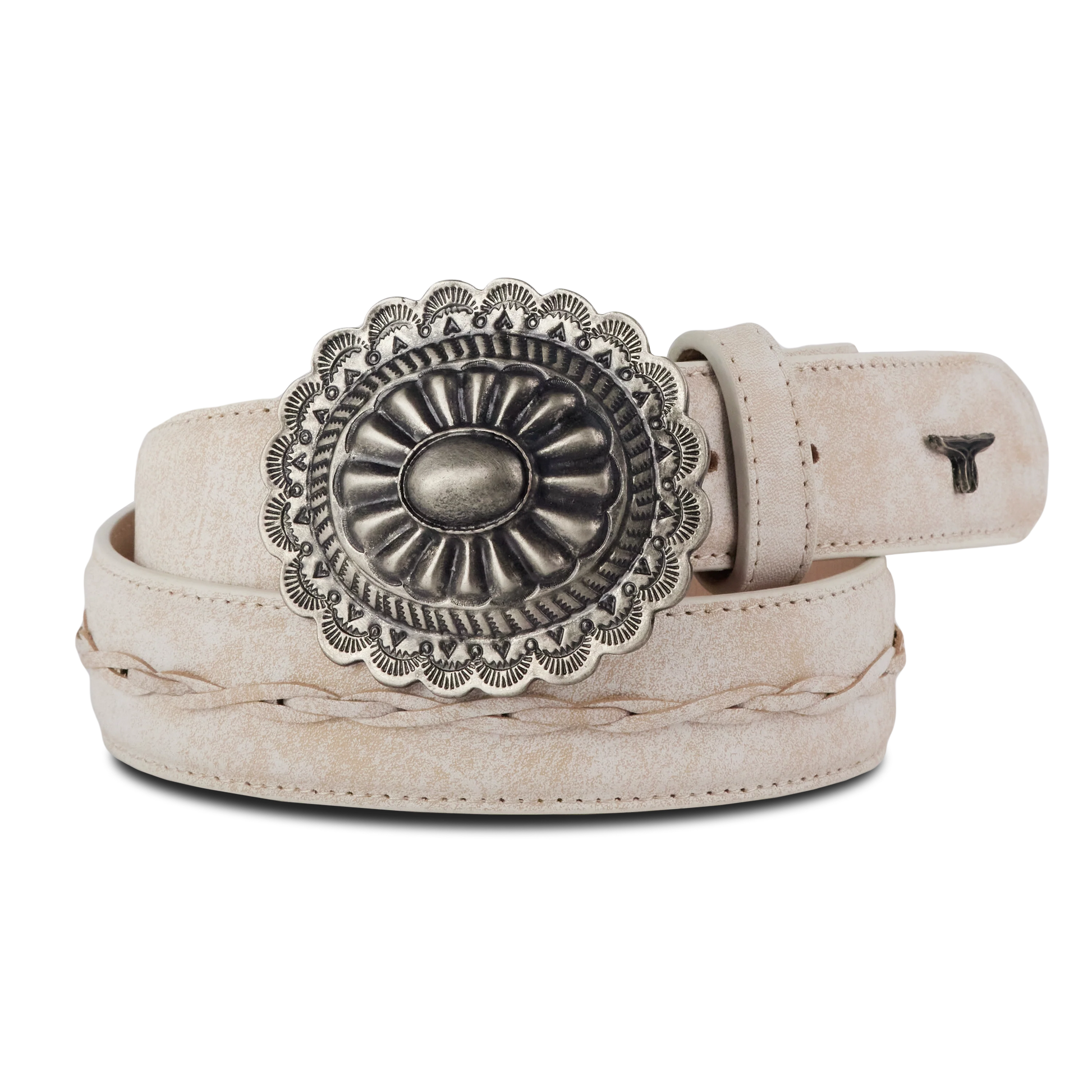 Woven belt with turquoise buckle & ceramic crackle design.