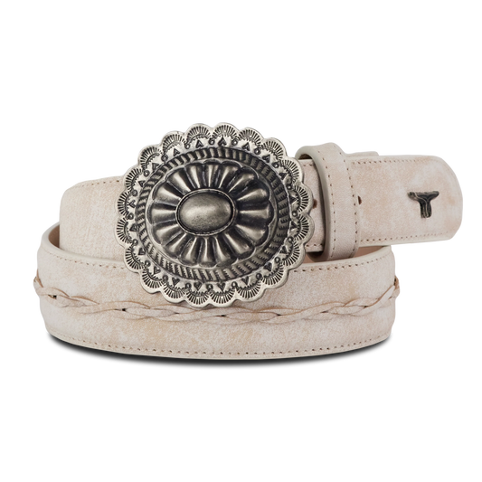 Woven belt with turquoise buckle & ceramic crackle design.