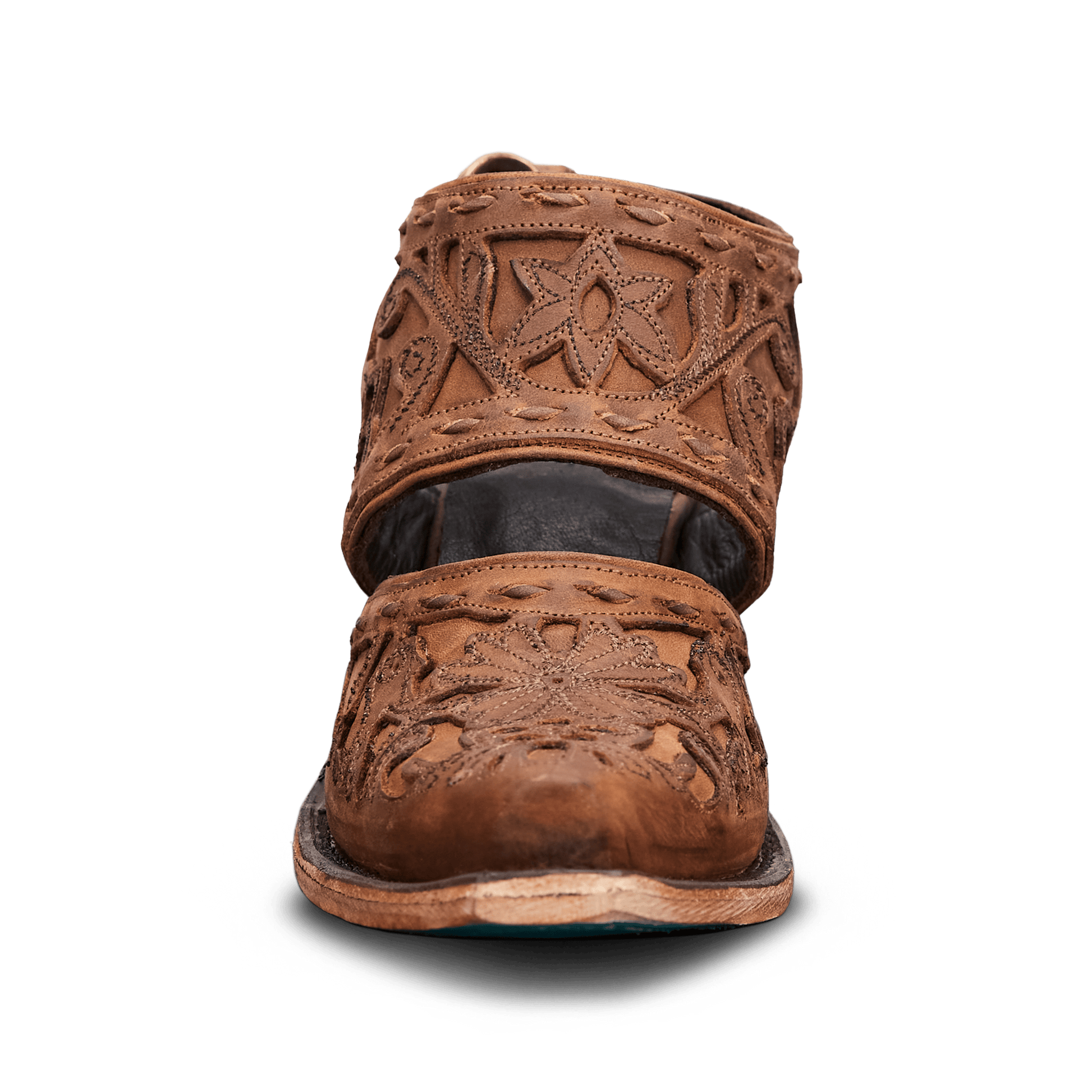 Burnt caramel leather mule boot with carved floral design