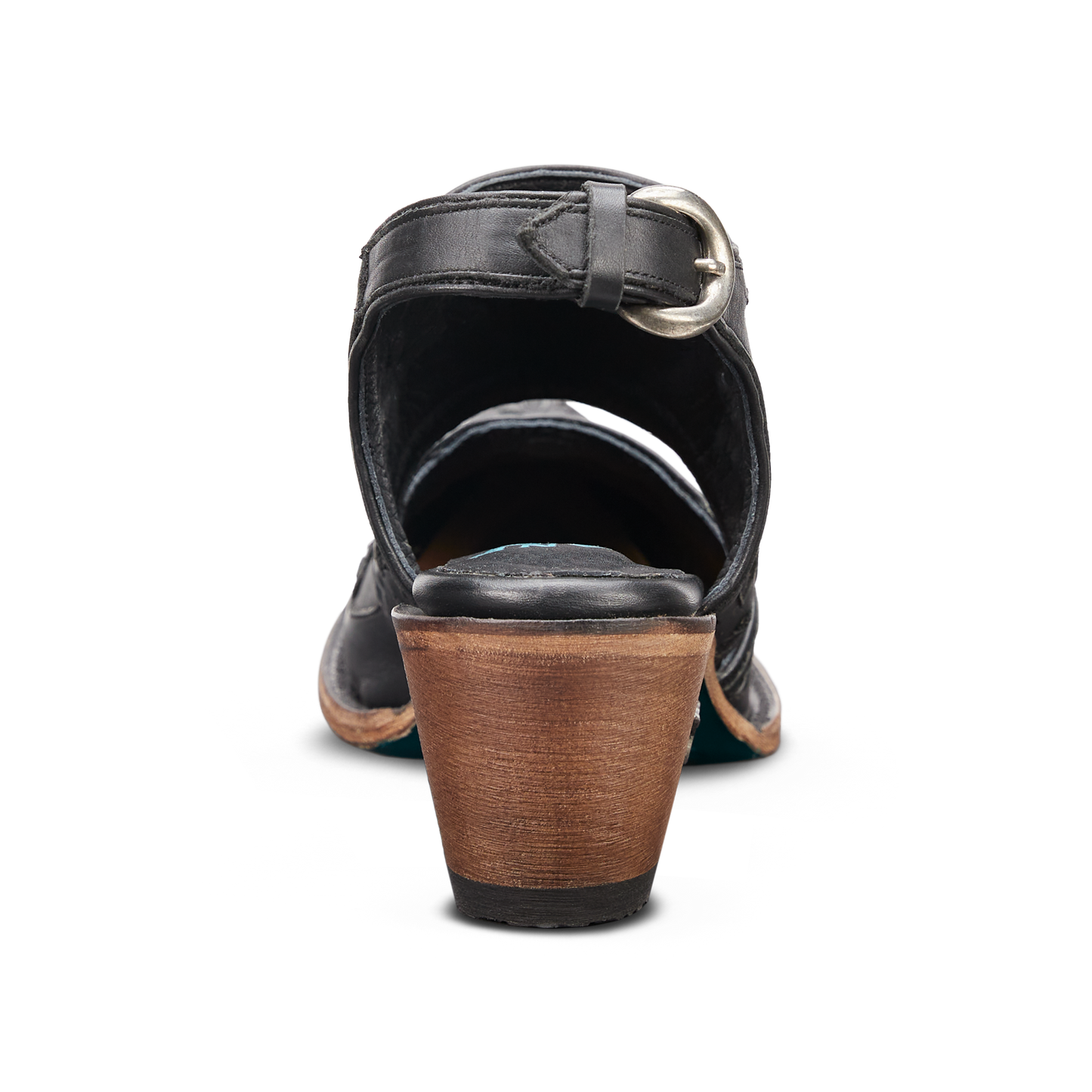 Black leather sandal with wooden heel