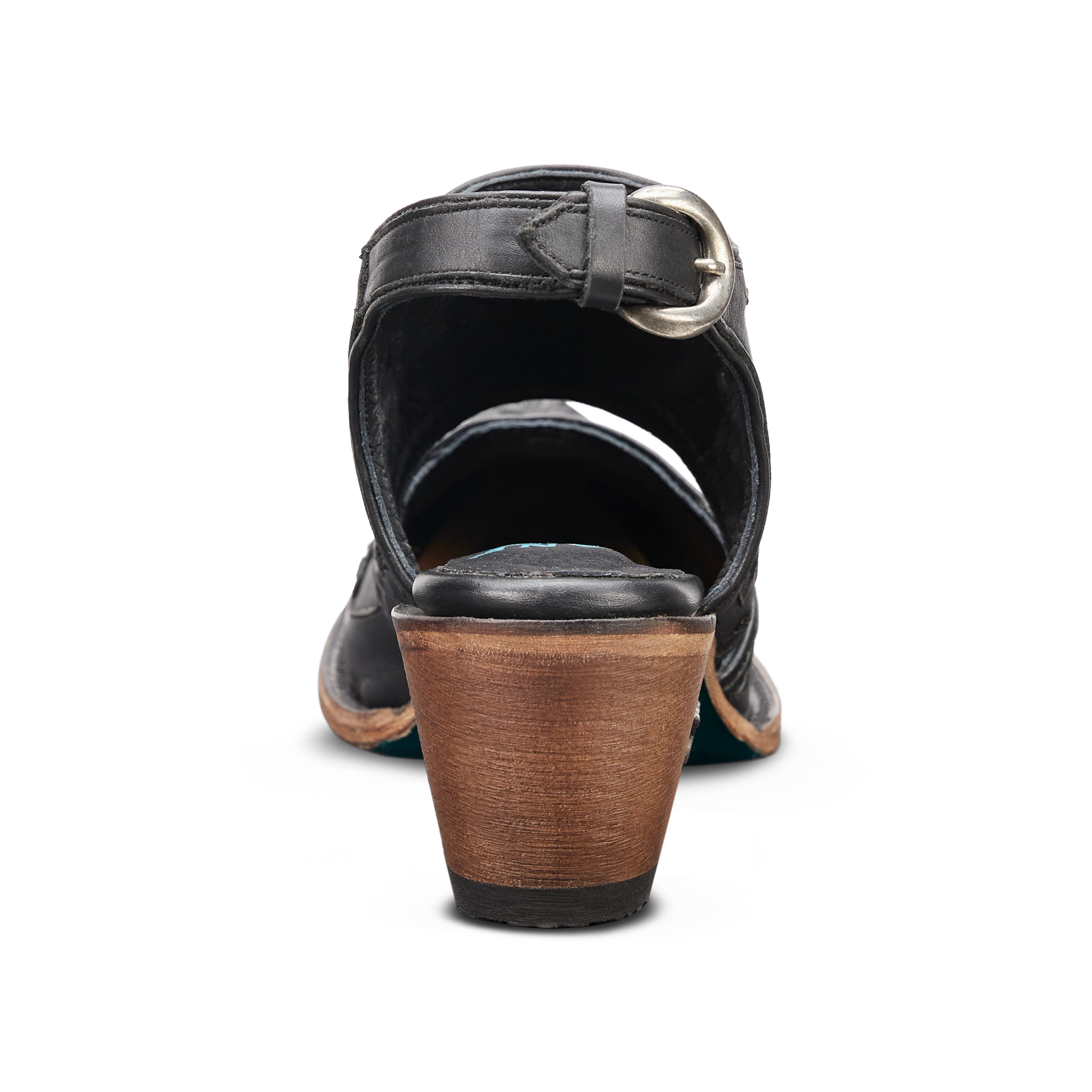 Black leather sandal with wooden heel