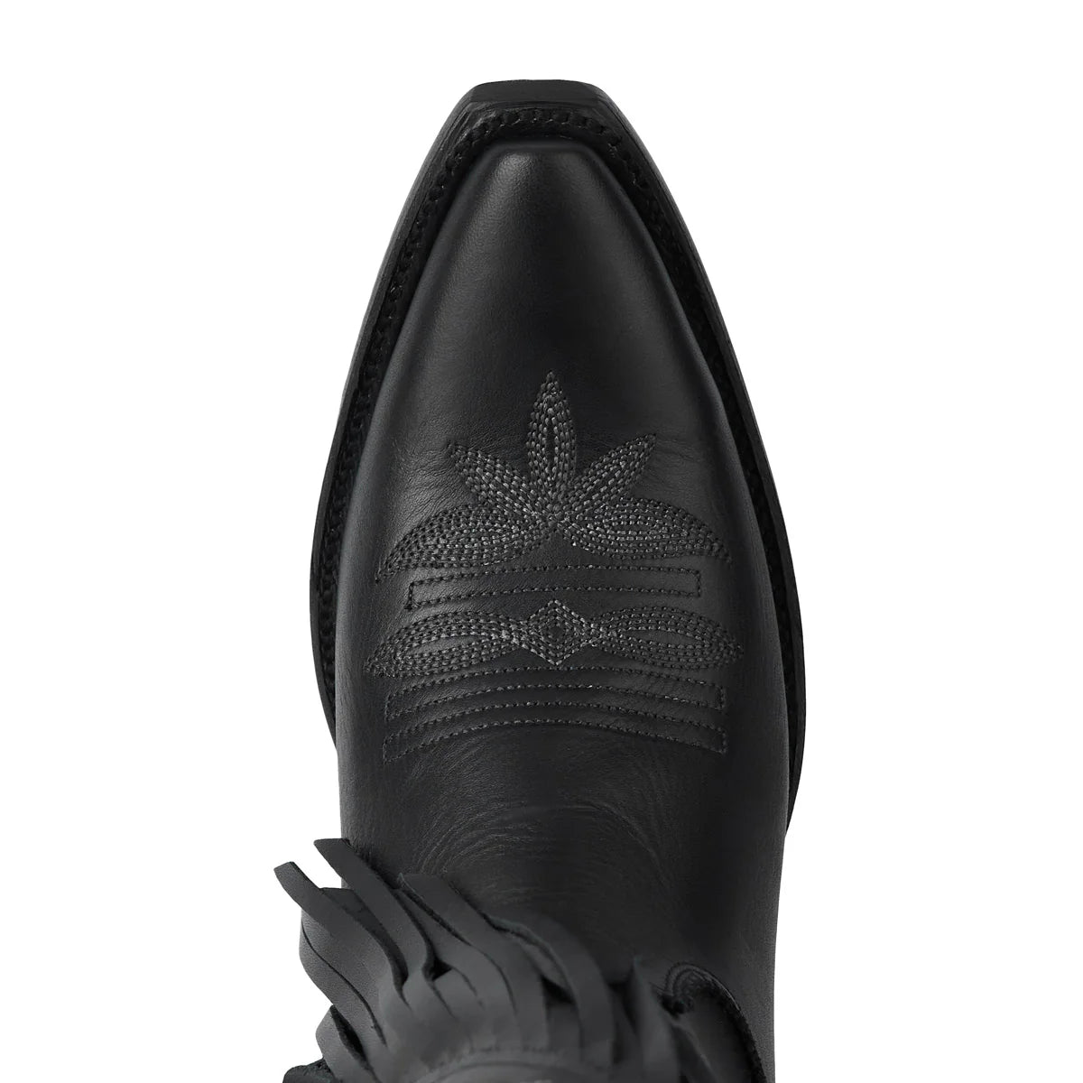 Jet black Senita Falls cowboy boot, close-up