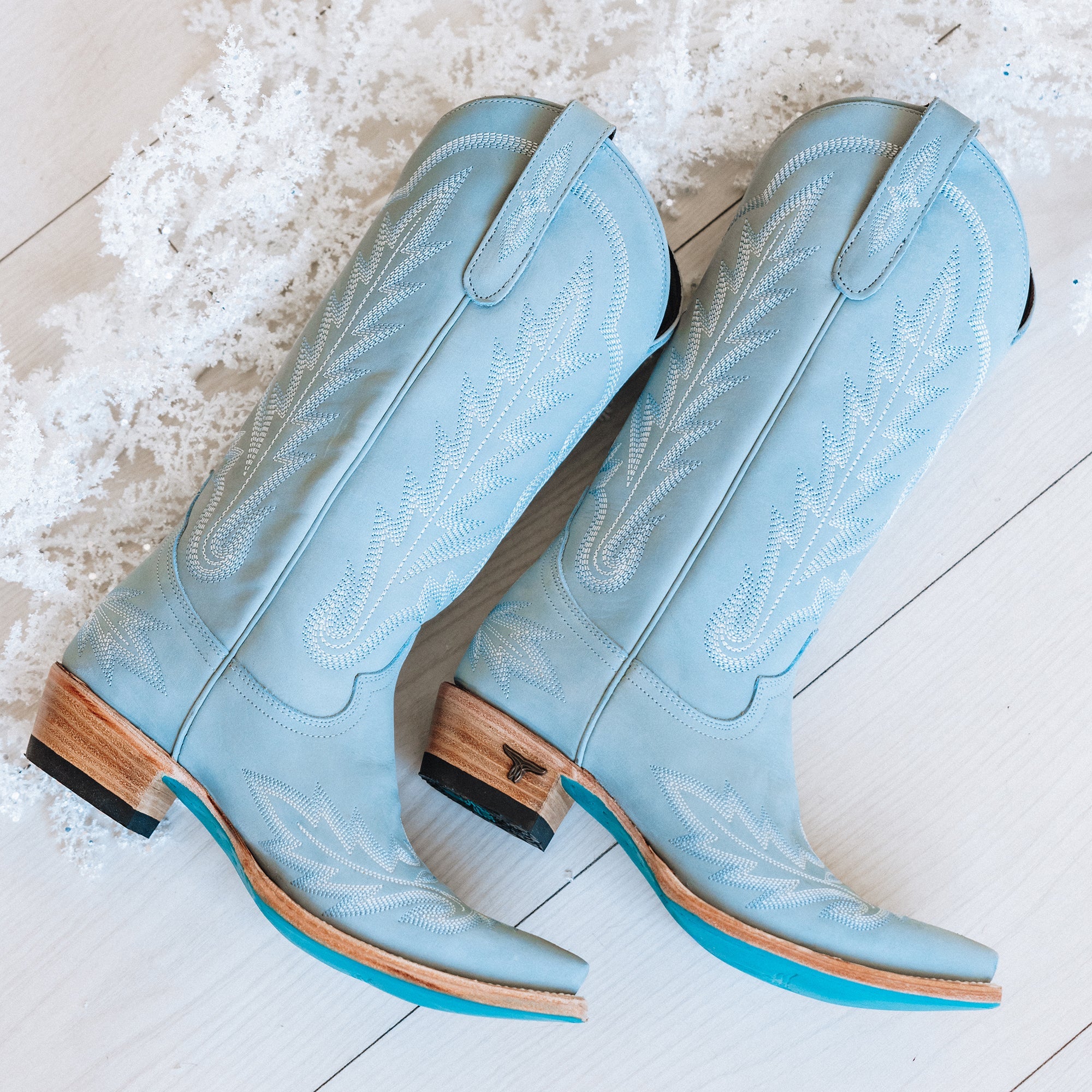 Powder Blue Lexington Boots with Flame Stitch Heel