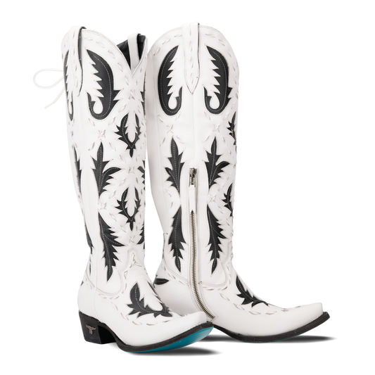 White and black Reverie newsprint cowboy boots