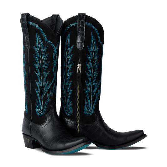 Black carbon croc cowboy boots with blue detail