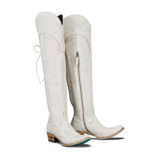 White leather Lexington over-the-knee boots with crackle finish