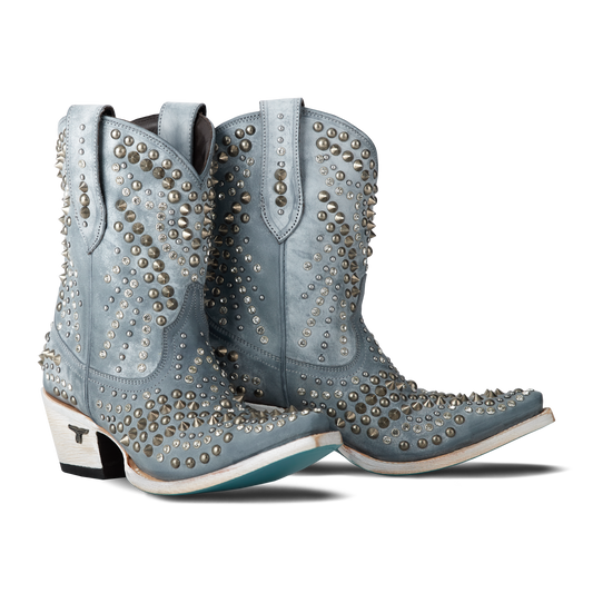 Dolly Bootie in Washed Denim with Studs