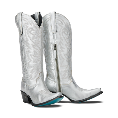 Silver Smokeshow cowboy boots with silver trail design